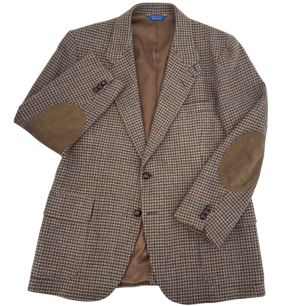 VTG Pendleton Blazer Ivy Prep 42 Houndstooth Wool Suede Elbow Patches USA Made